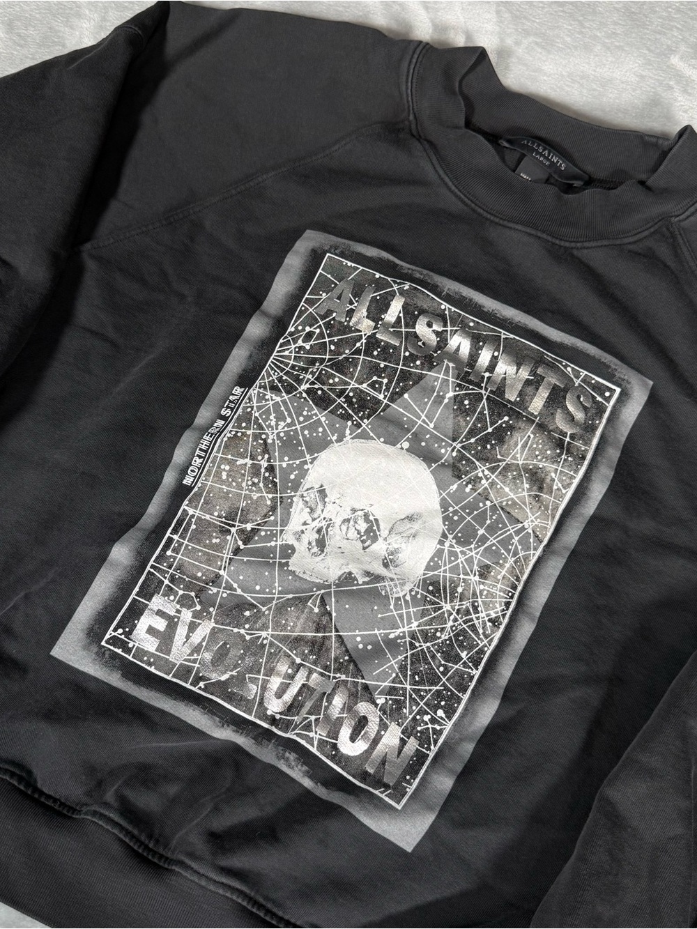 AllSaints Skull Evolution Sweatshirt Womens L Oversized Cropped Fit Faded Black